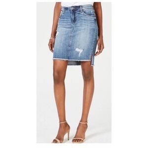 Kut from the Kloth Women Blue Distressed Denim Skirt Raw Hem Side Slit Size 6